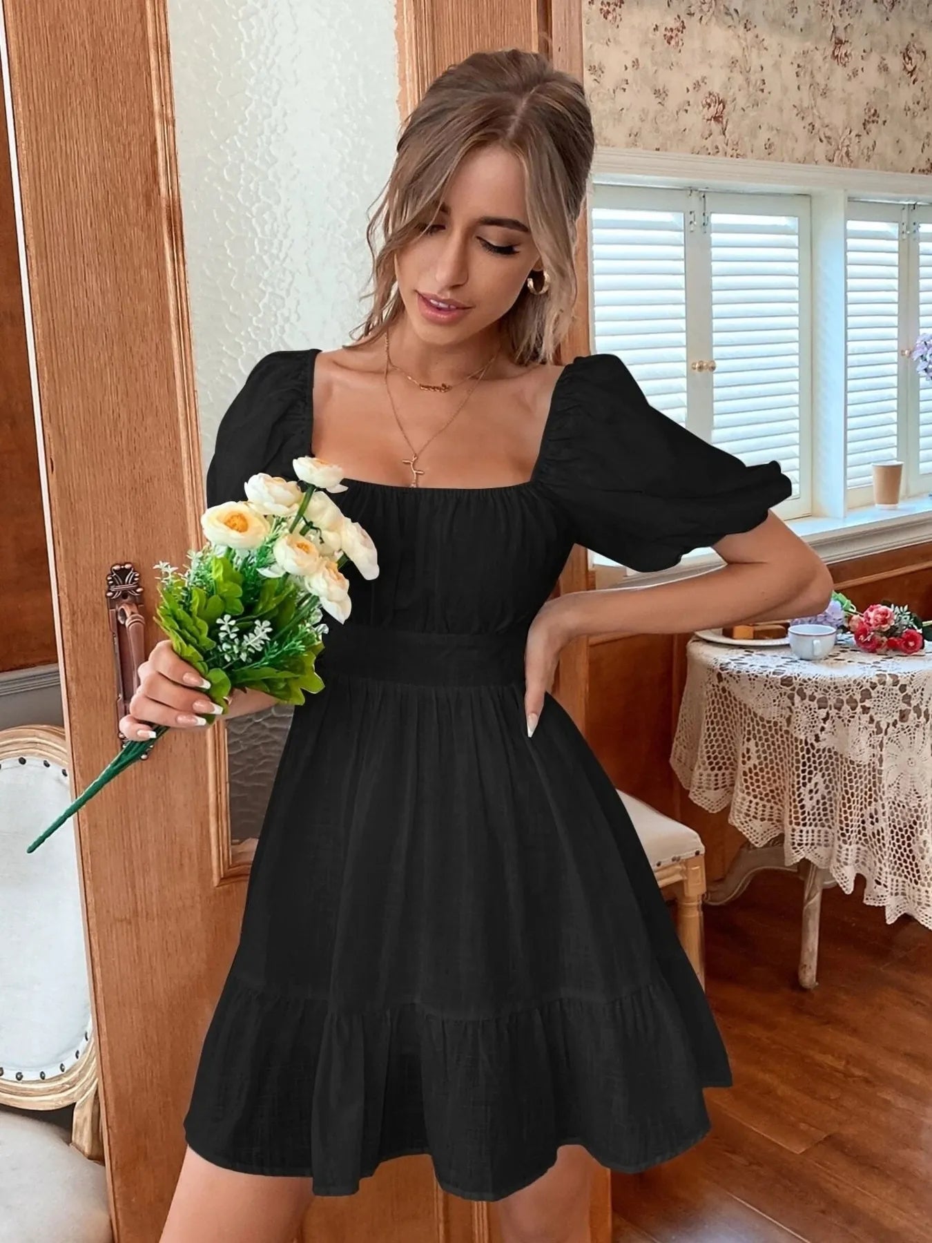 Square Neck Puff Sleeve Mini Dress - Atelievuè