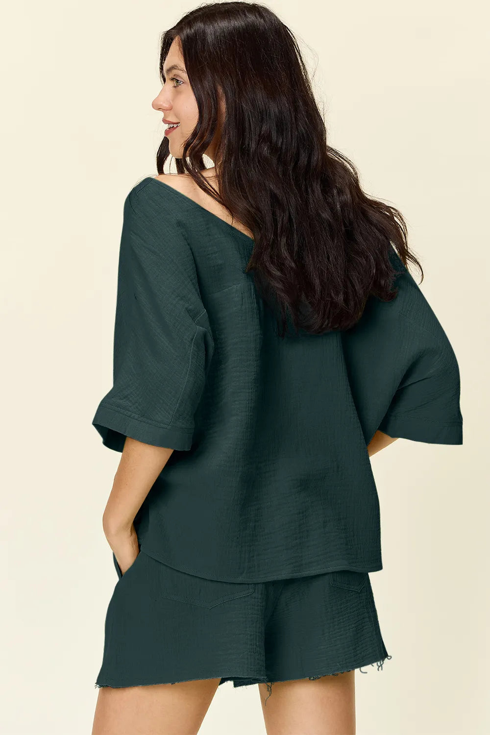 Double Take Texture Half Sleeve T-Shirt and Drawstring Shorts Set - Atelievuè
