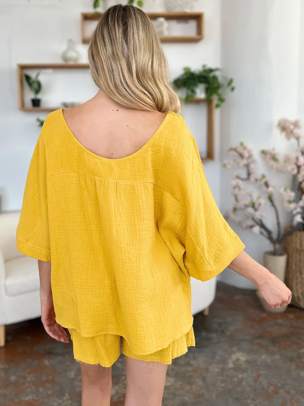 Double Take Texture Half Sleeve T-Shirt and Drawstring Shorts Set - Atelievuè