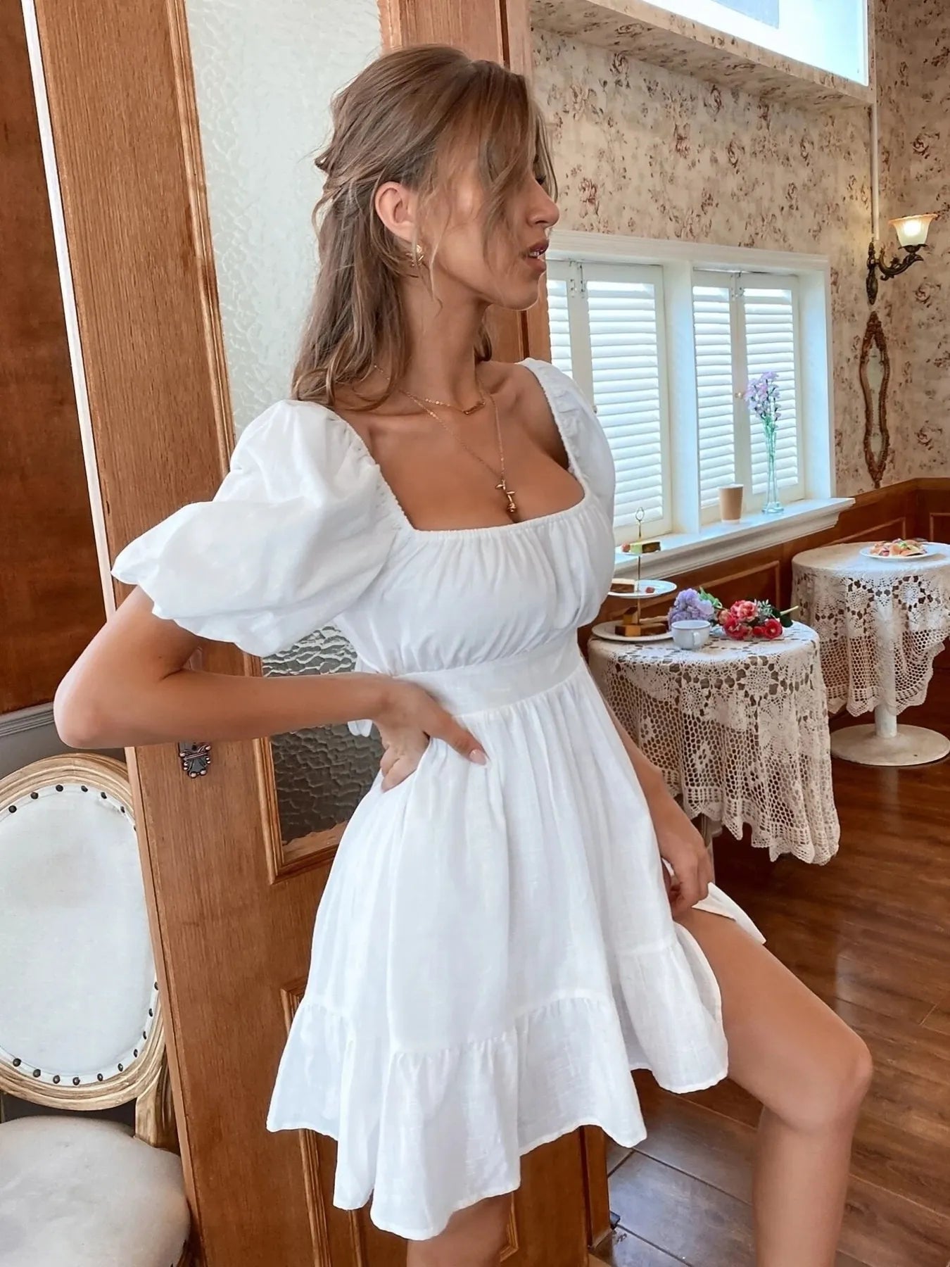 Square Neck Puff Sleeve Mini Dress - Atelievuè