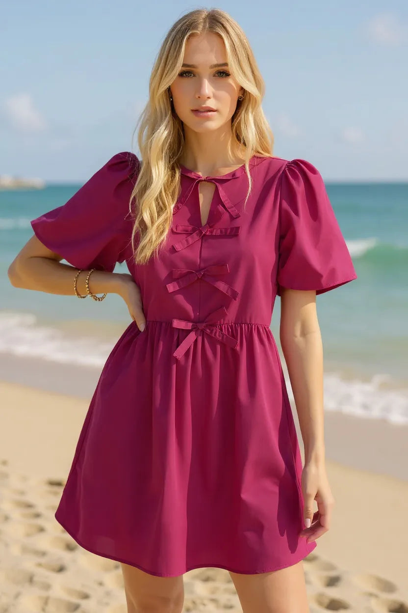Oh Bow Ruched Puff Sleeve Mini Dress - Atelievuè