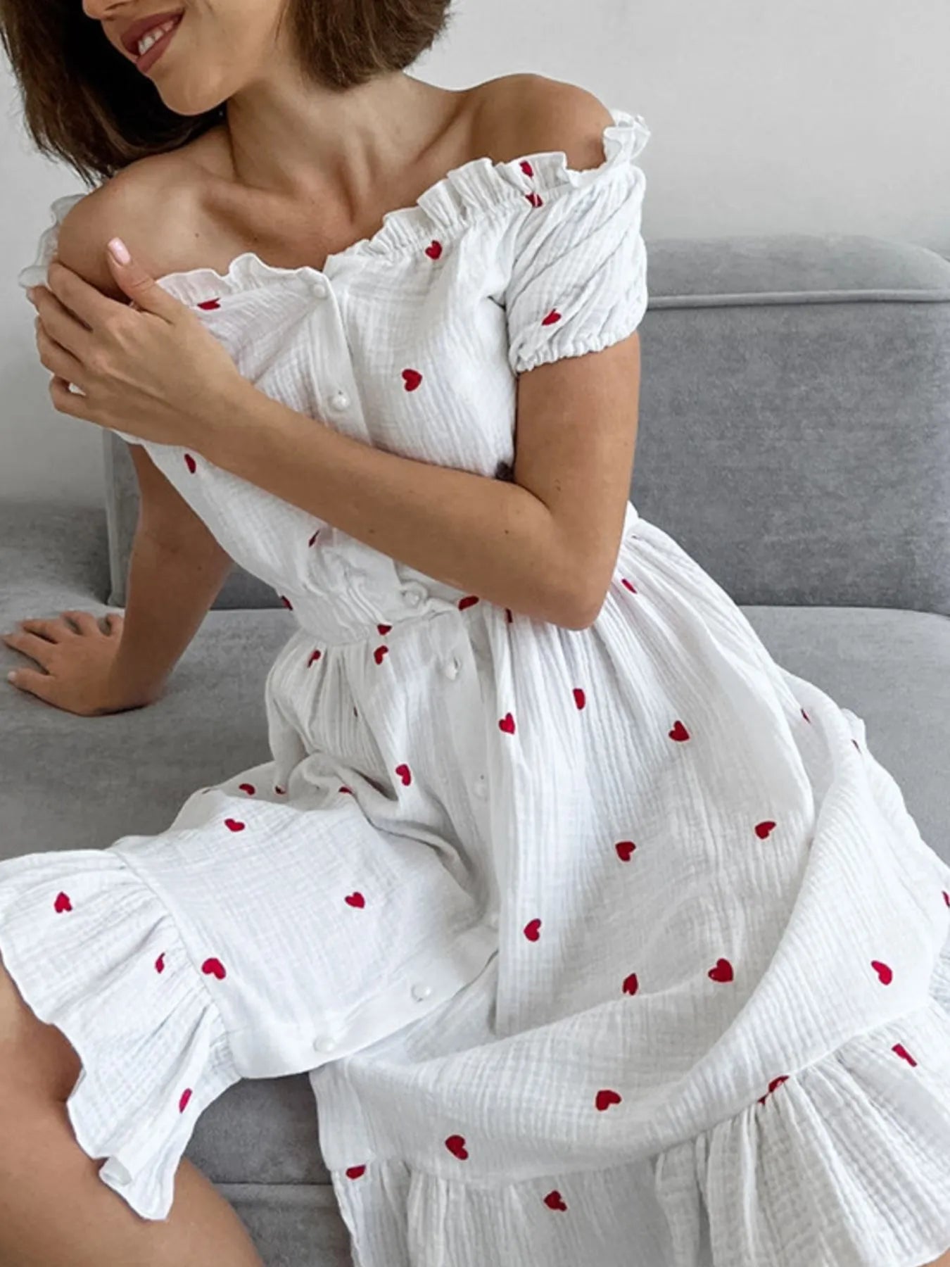 Heart Printed Off-Shoulder Ruffle Mini Dress - Atelievuè