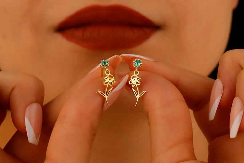 Custom Engraved Script Name Drop Earrings with Flower