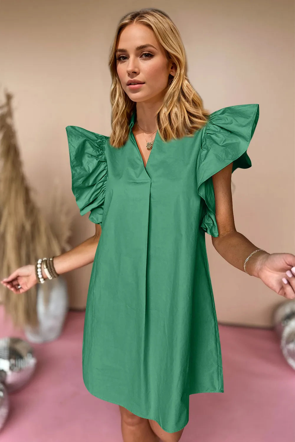 Oh Ruched Johnny Collar Cap Sleeve Mini Dress - Atelievuè