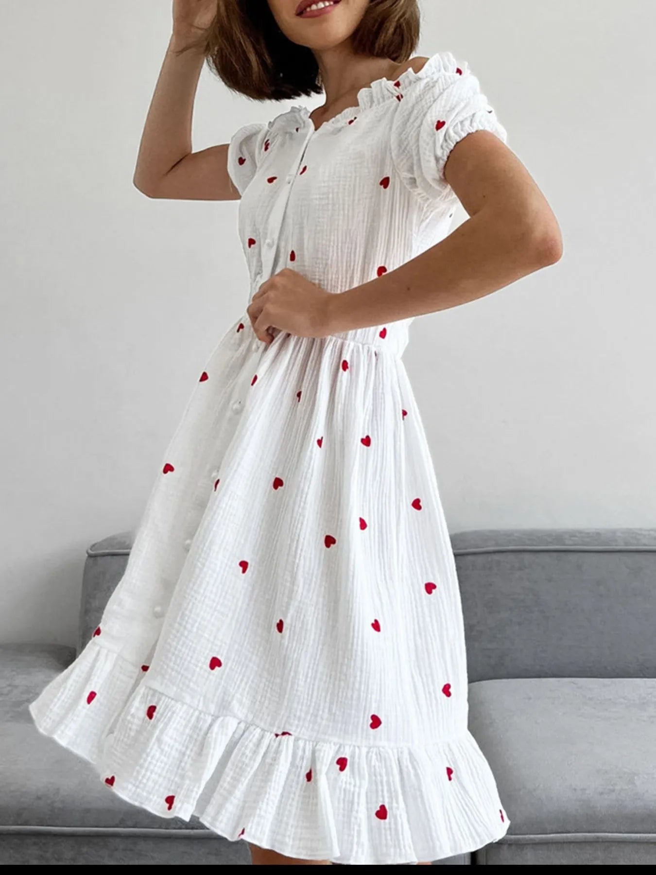 Heart Printed Off-Shoulder Ruffle Mini Dress - Atelievuè