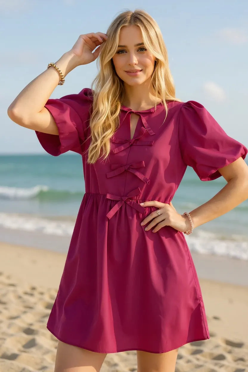 Oh Bow Ruched Puff Sleeve Mini Dress - Atelievuè