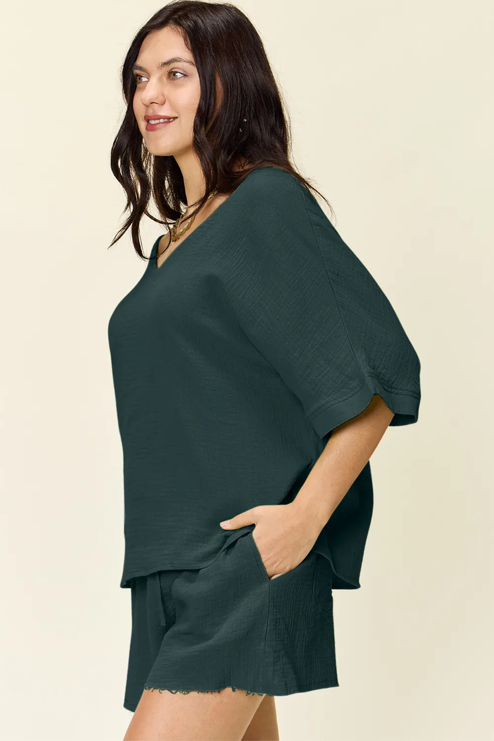 Double Take Texture Half Sleeve T-Shirt and Drawstring Shorts Set - Atelievuè