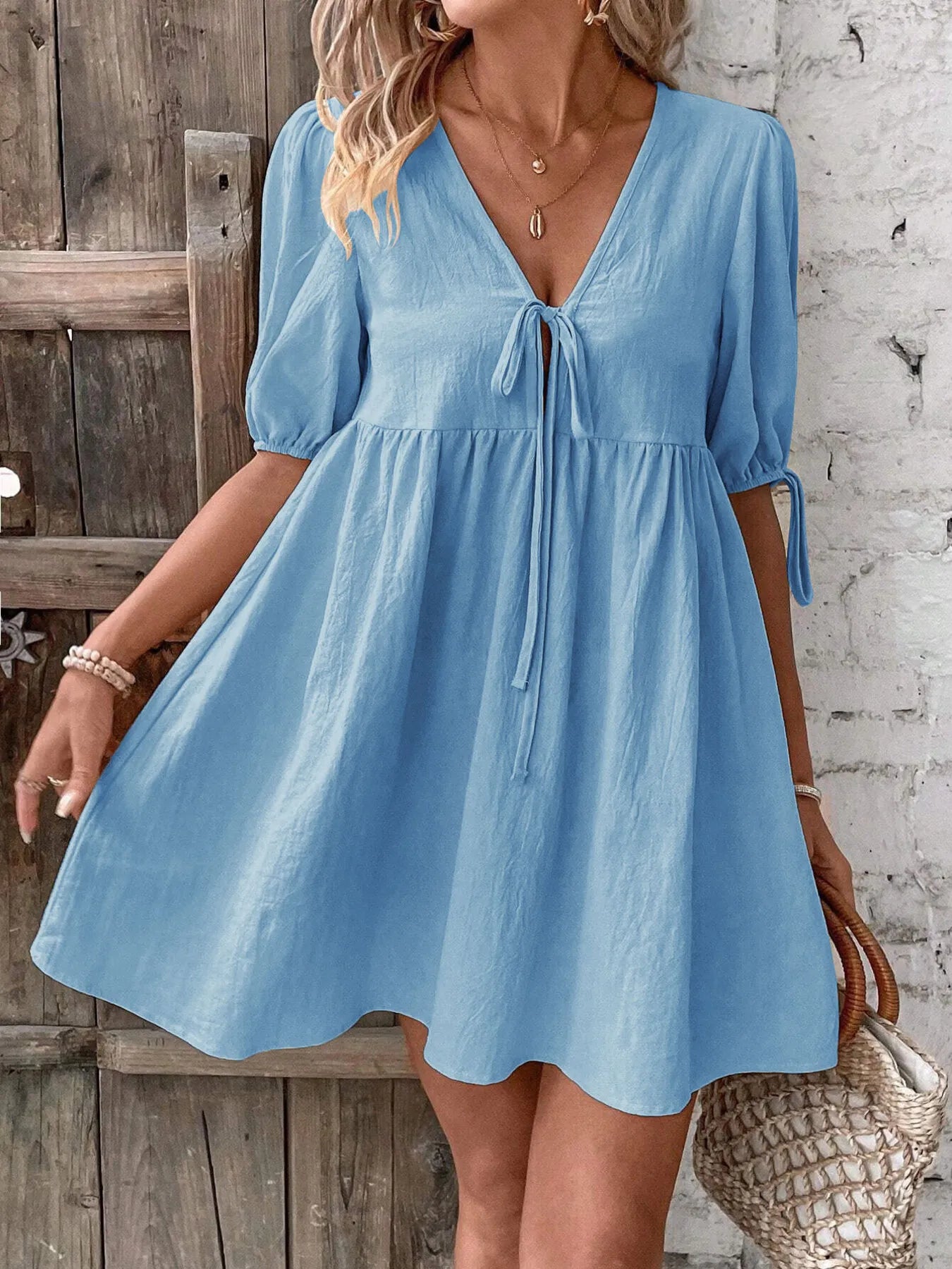 V-Neck Tie-Front Mini Dress with Puff Sleeves - Atelievuè