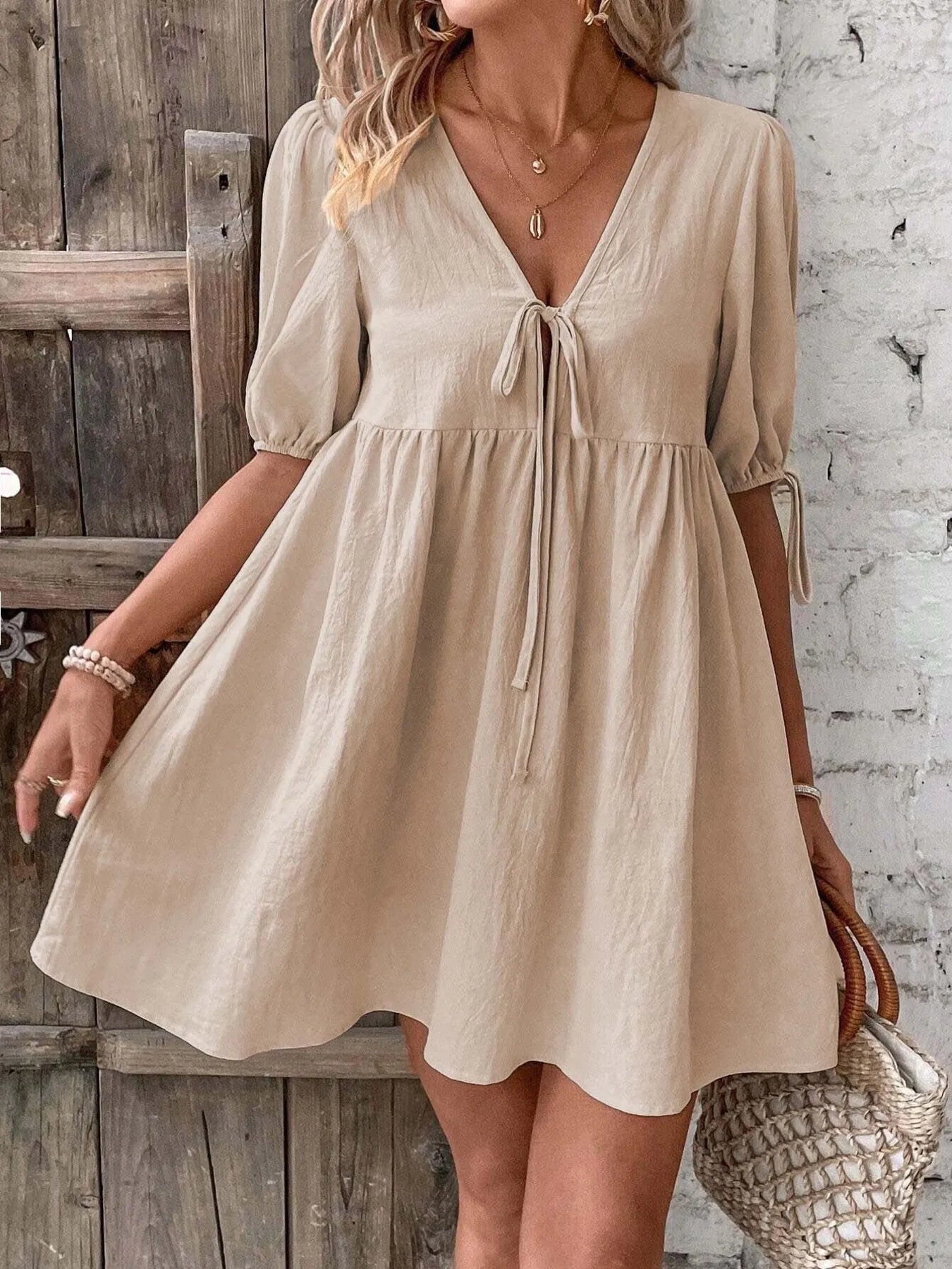 V-Neck Tie-Front Mini Dress with Puff Sleeves - Atelievuè