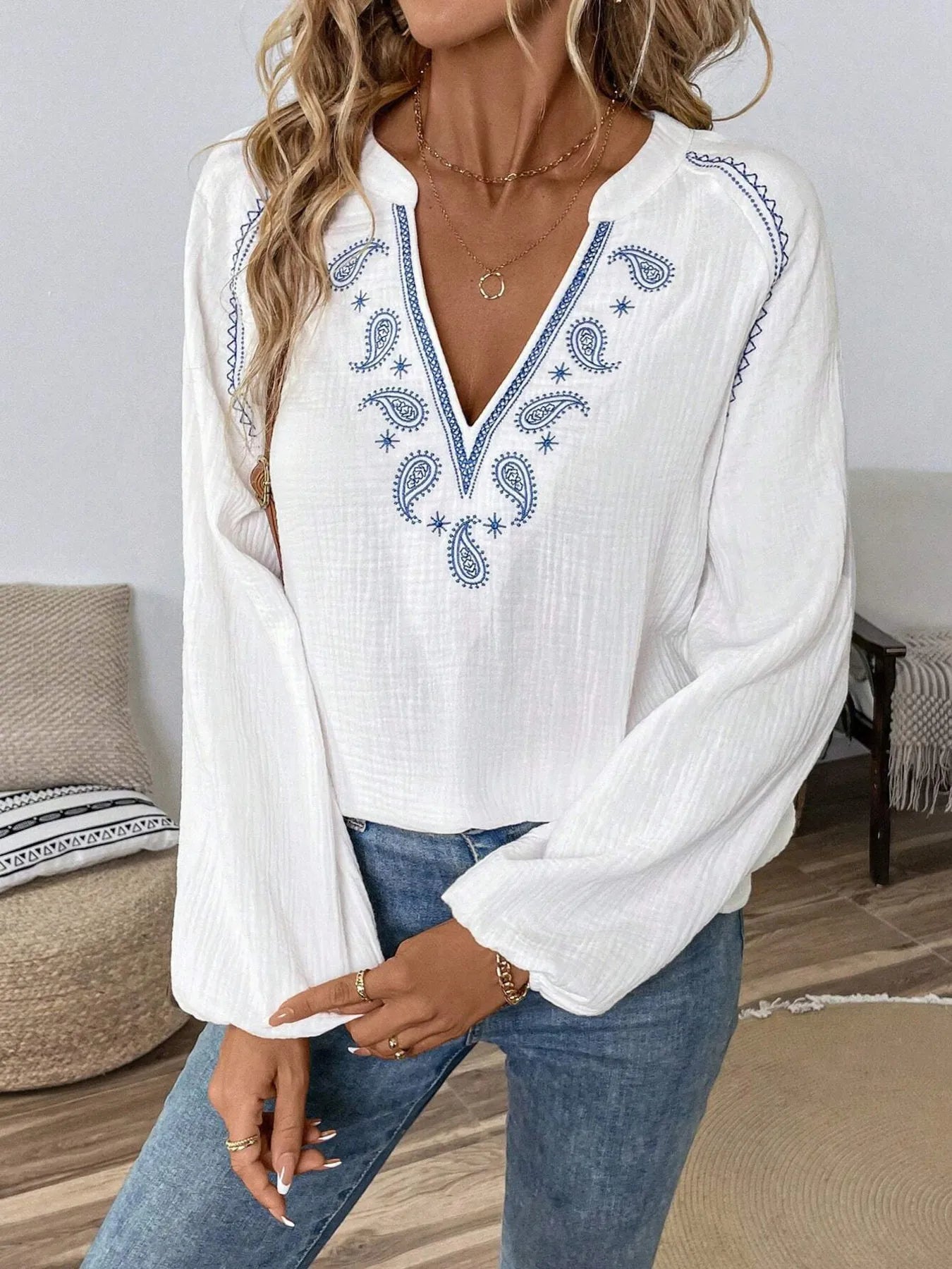 Paisley Pattern Notched Long Sleeve Blouse - Atelievuè