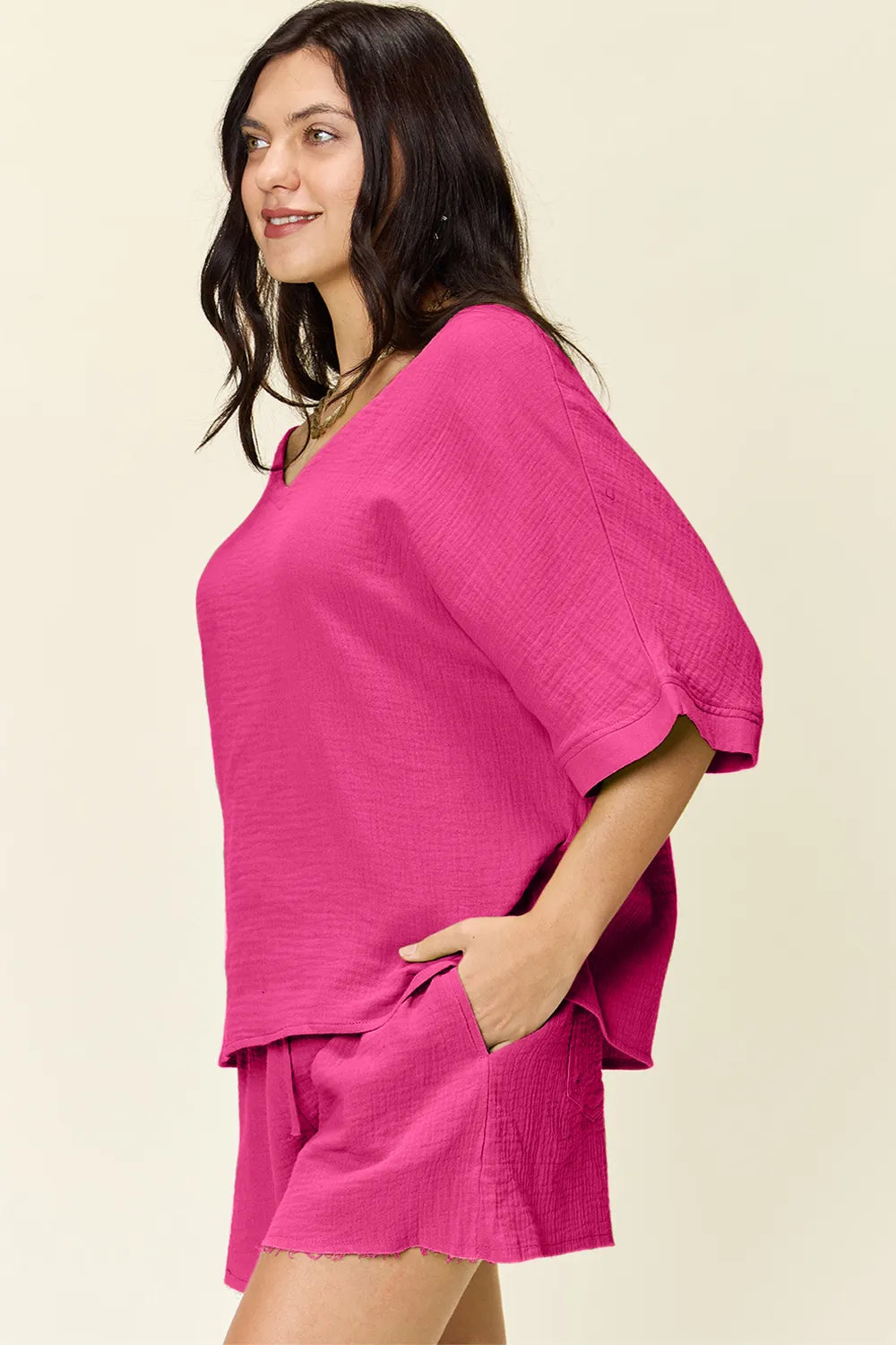 Double Take Texture Half Sleeve T-Shirt and Drawstring Shorts Set - Atelievuè