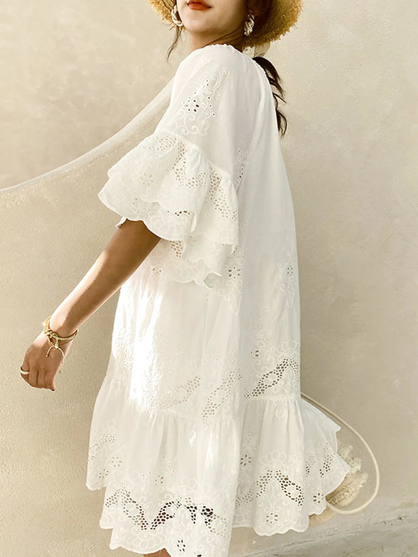 Eyelet Embroidered Tassel Tie Neck Dress - Atelievuè