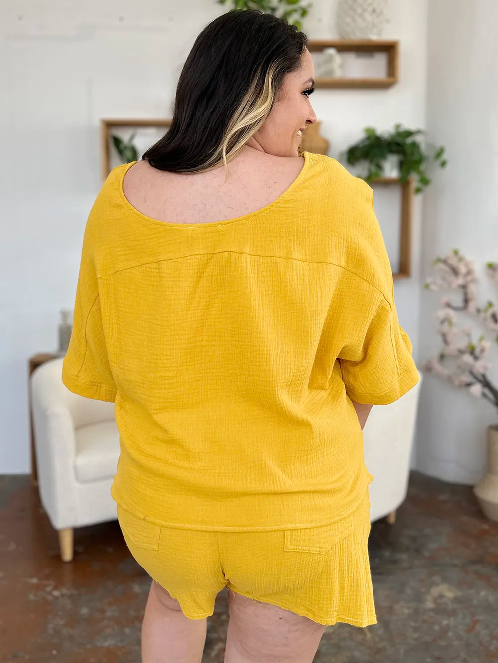 Double Take Texture Half Sleeve T-Shirt and Drawstring Shorts Set - Atelievuè
