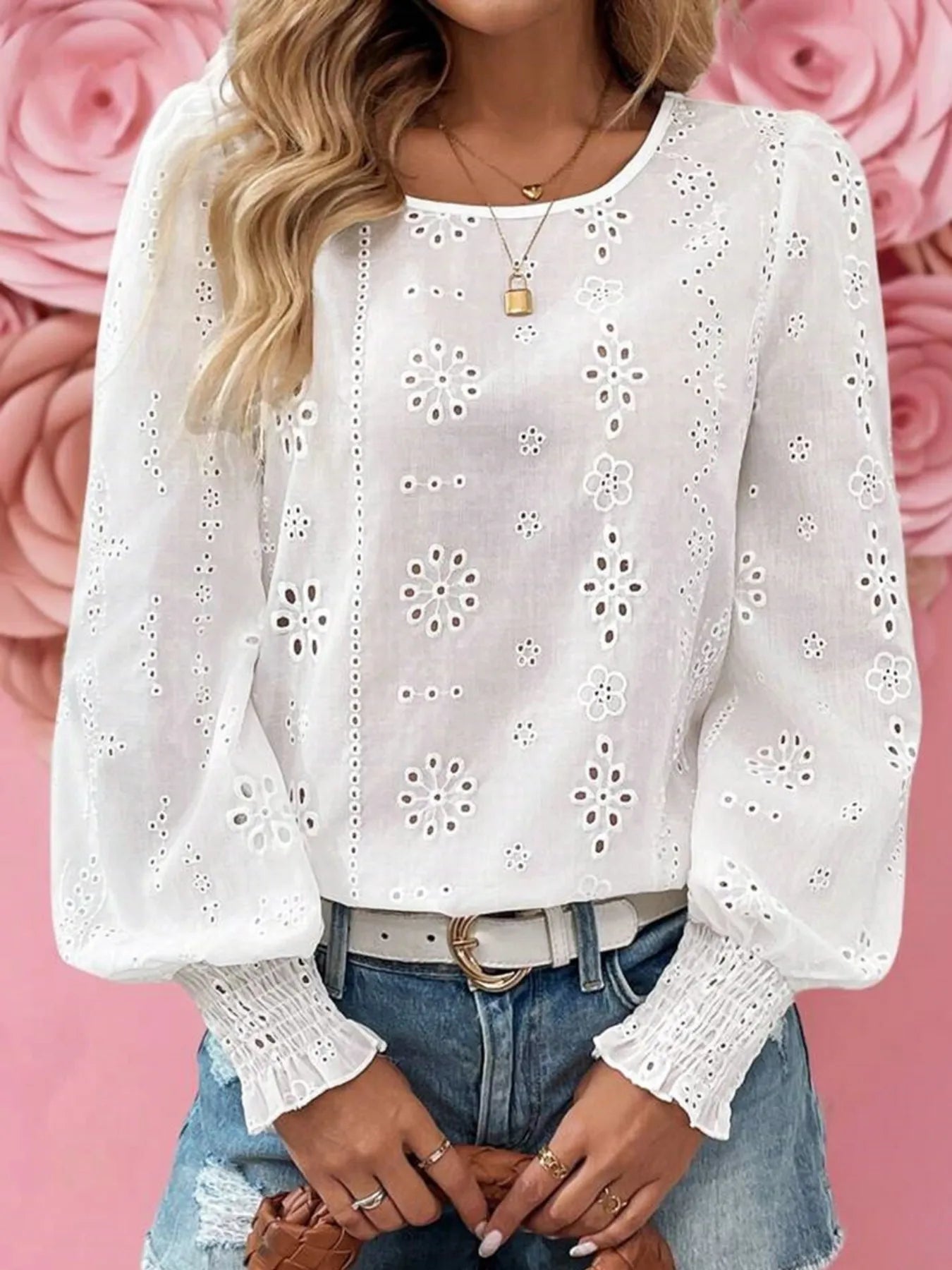 Eyelet Long Sleeve Blouse with Elastic Cuffs - Atelievuè