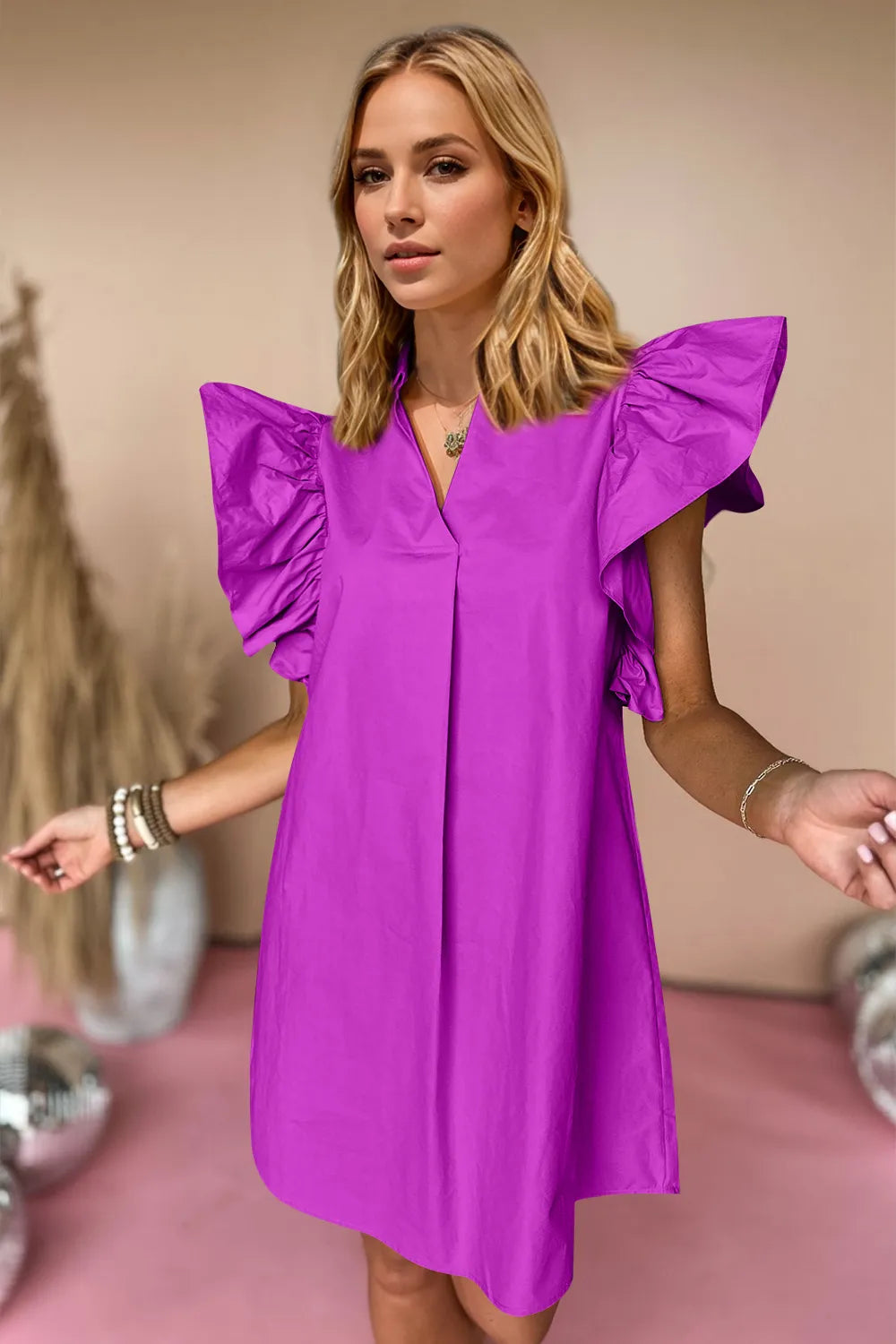 Oh Ruched Johnny Collar Cap Sleeve Mini Dress - Atelievuè