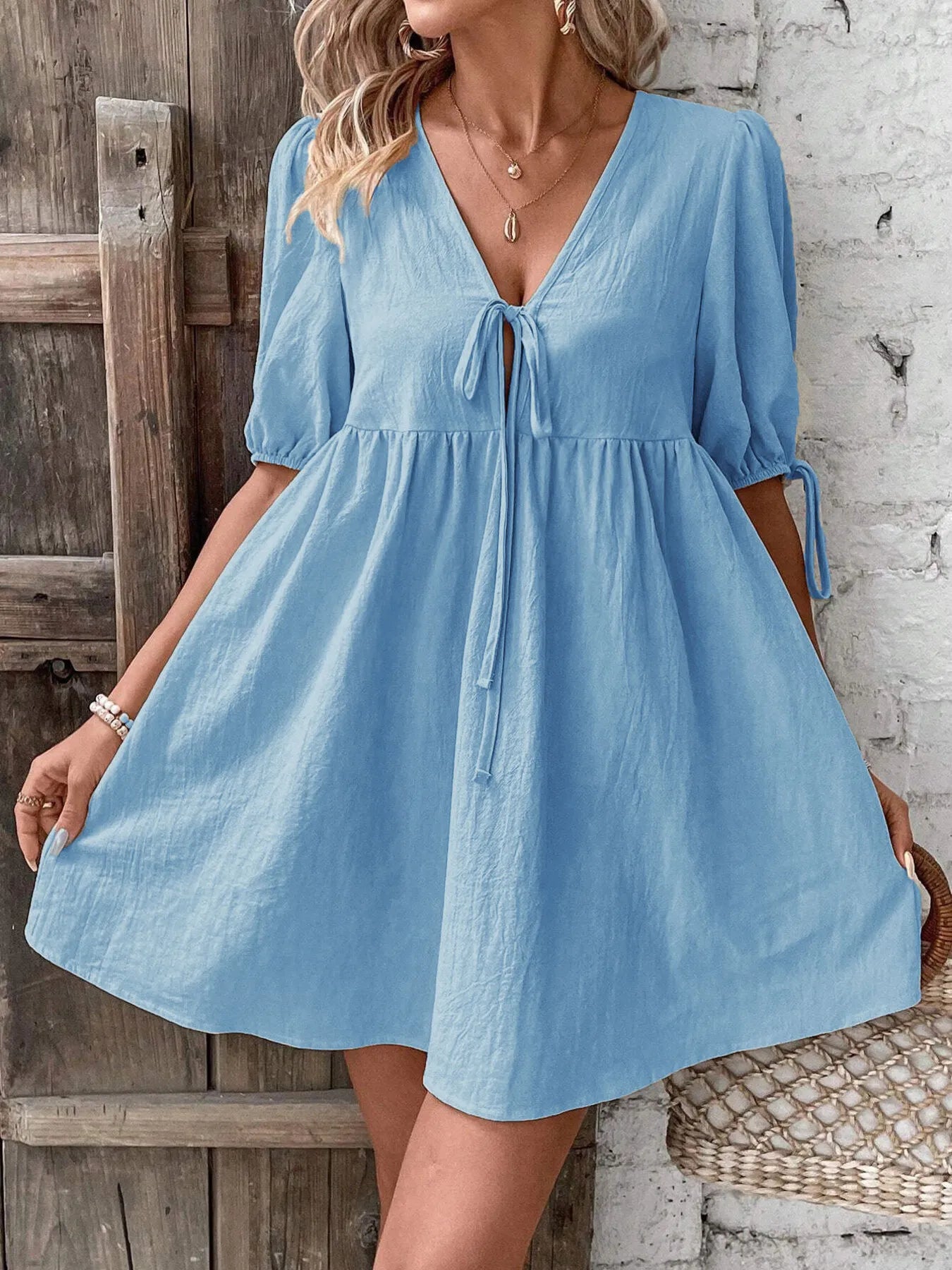 V-Neck Tie-Front Mini Dress with Puff Sleeves - Atelievuè