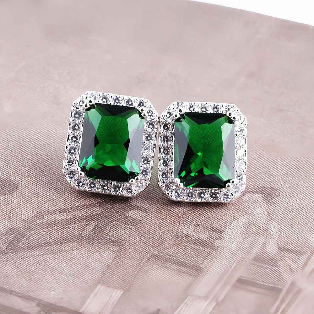 Geometric rectangular inlaid gemstone design light luxury fashion earrings