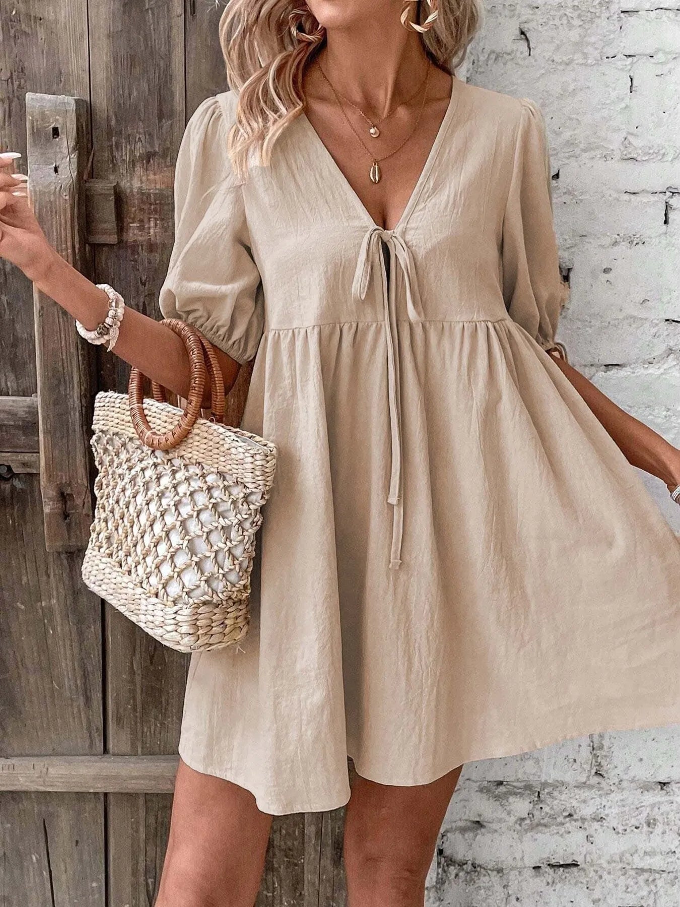 V-Neck Tie-Front Mini Dress with Puff Sleeves - Atelievuè