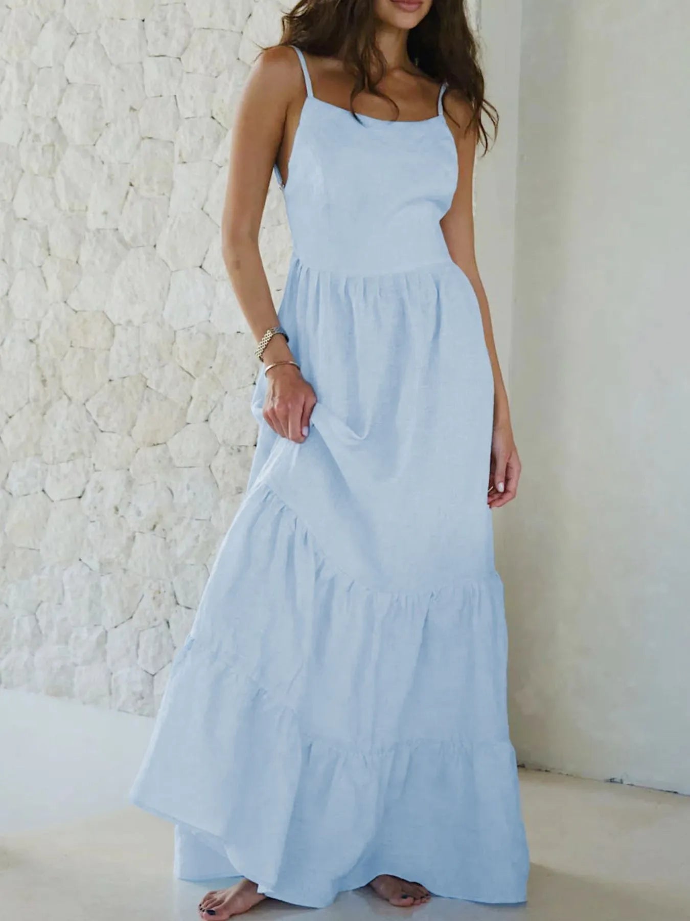 Tiered Maxi Cami Dress with Ruffled Hem - Atelievuè