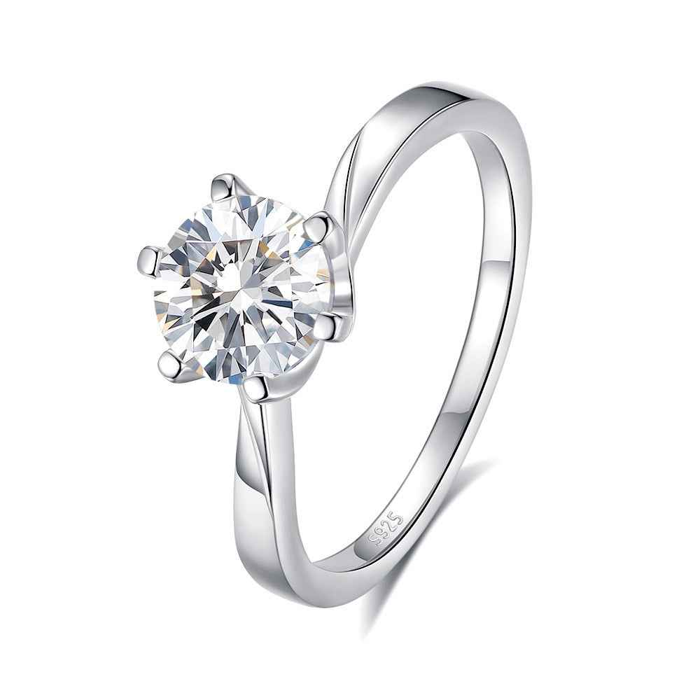 S925 Sterling Silver Twisted Arm Six-Prong Moissanite Ring