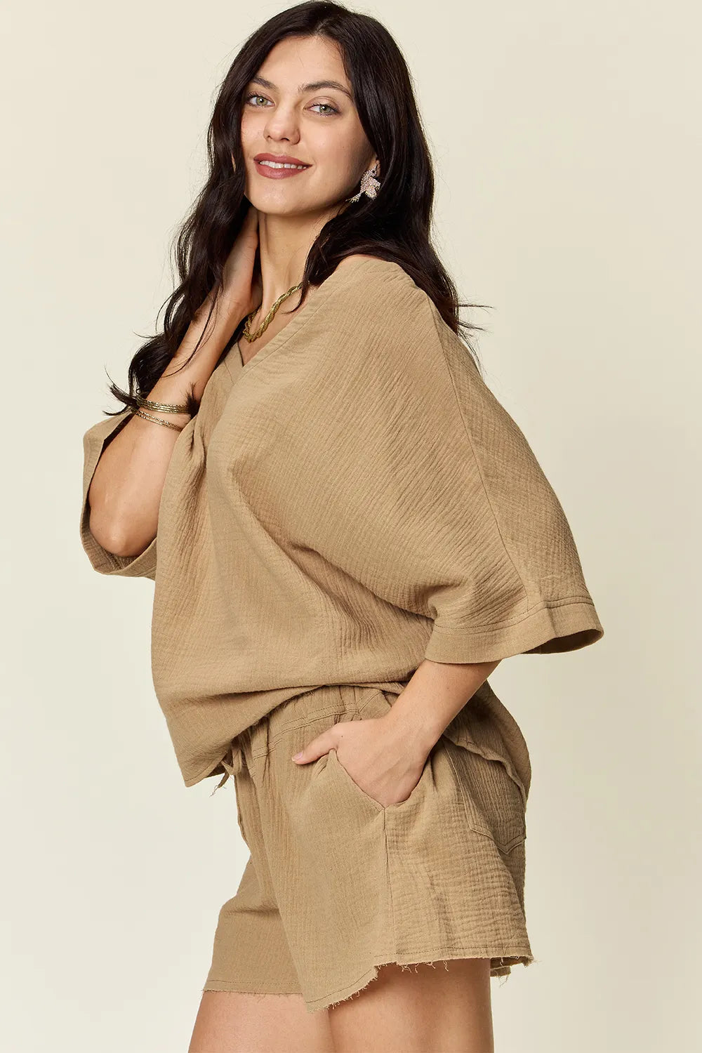 Double Take Texture Half Sleeve T-Shirt and Drawstring Shorts Set - Atelievuè