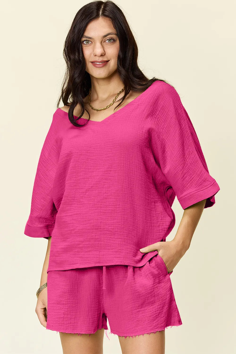 Double Take Texture Half Sleeve T-Shirt and Drawstring Shorts Set - Atelievuè