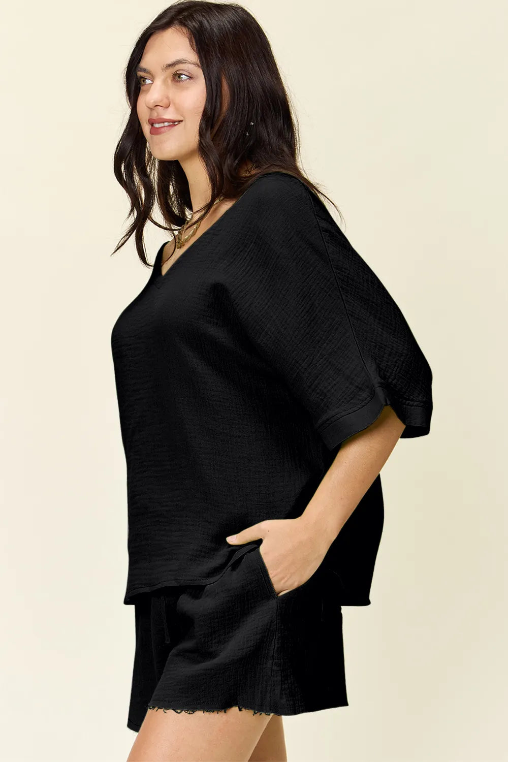 Double Take Texture Half Sleeve T-Shirt and Drawstring Shorts Set - Atelievuè