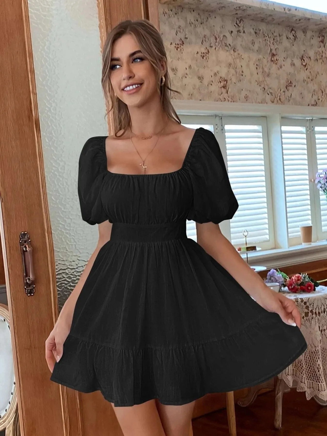 Square Neck Puff Sleeve Mini Dress - Atelievuè