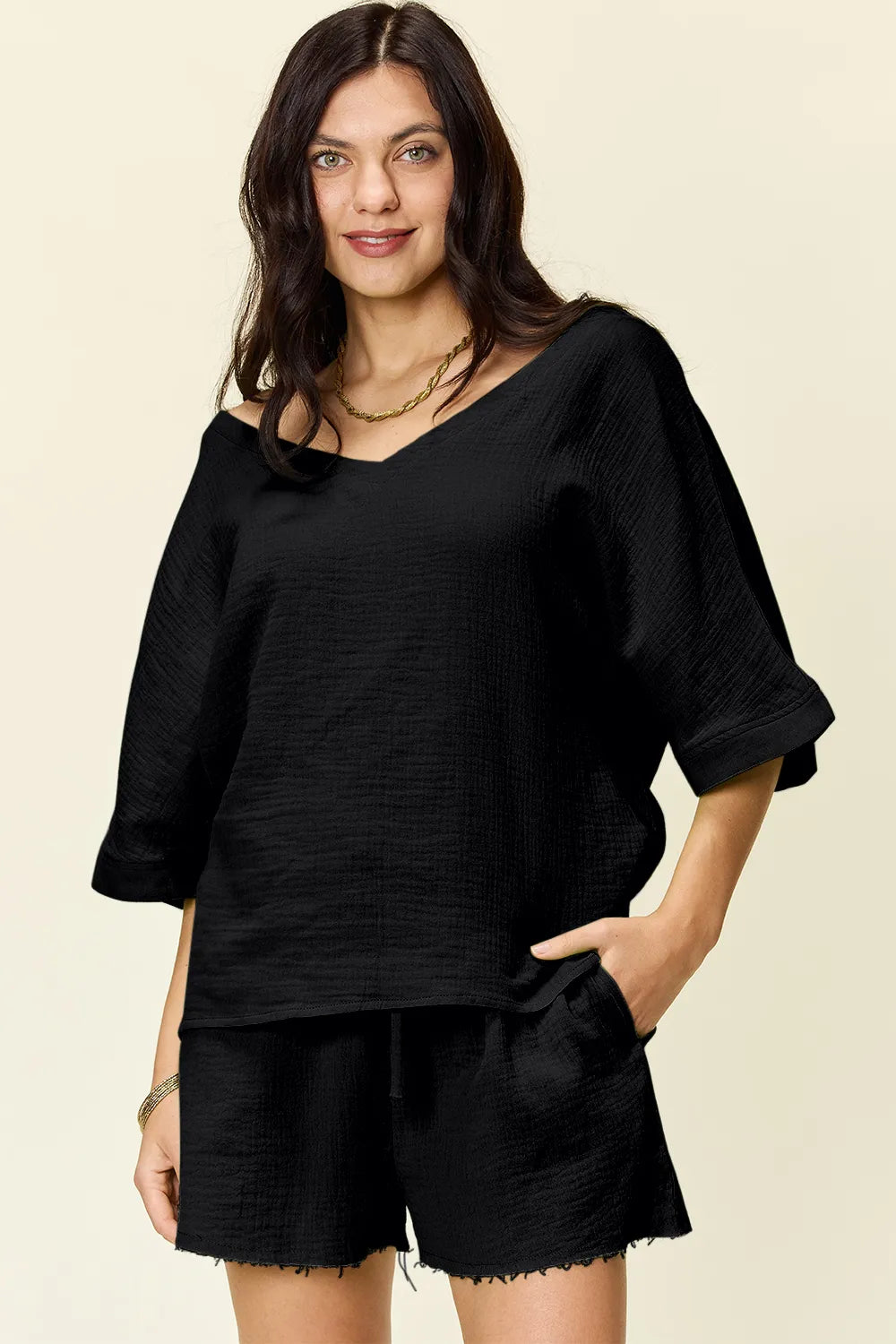 Double Take Texture Half Sleeve T-Shirt and Drawstring Shorts Set - Atelievuè