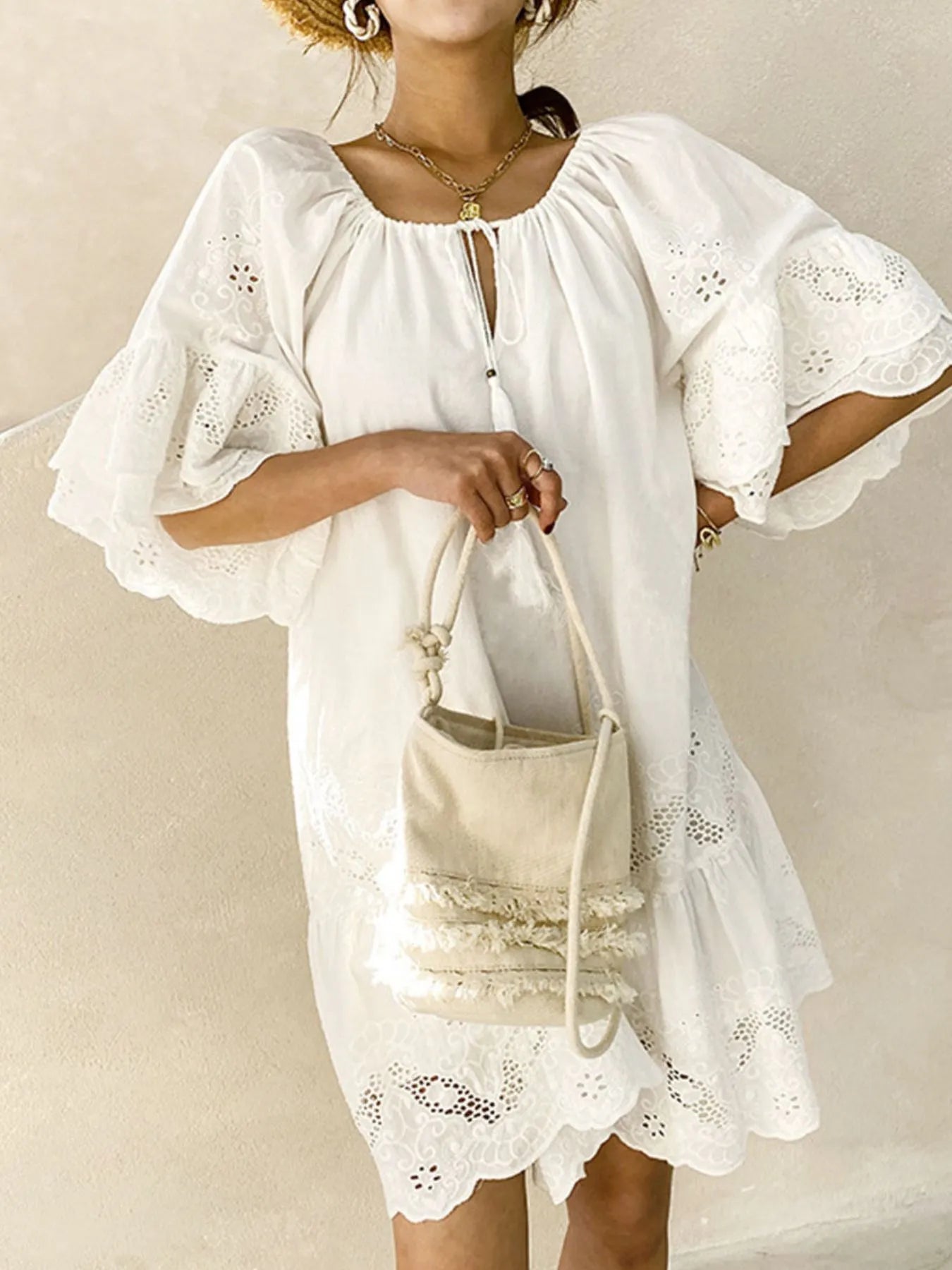 Eyelet Embroidered Tassel Tie Neck Dress - Atelievuè