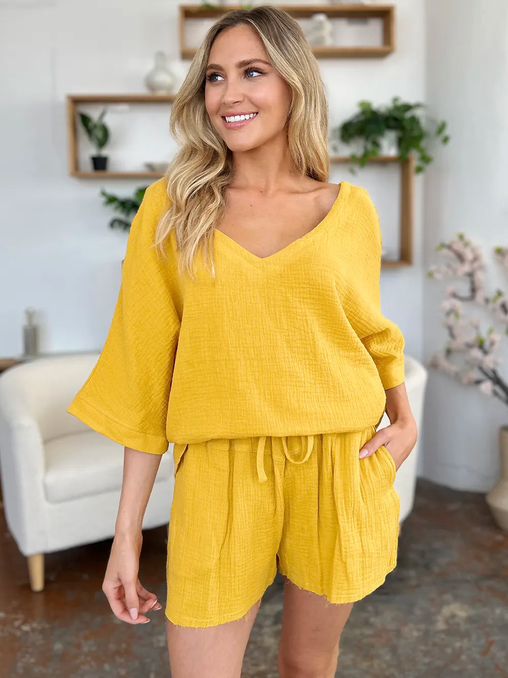 Double Take Texture Half Sleeve T-Shirt and Drawstring Shorts Set - Atelievuè
