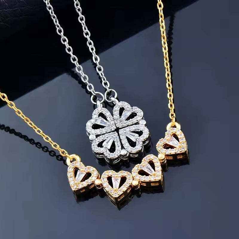 Heart-shaped four-leaf clover necklace with micro-inlaid zircon