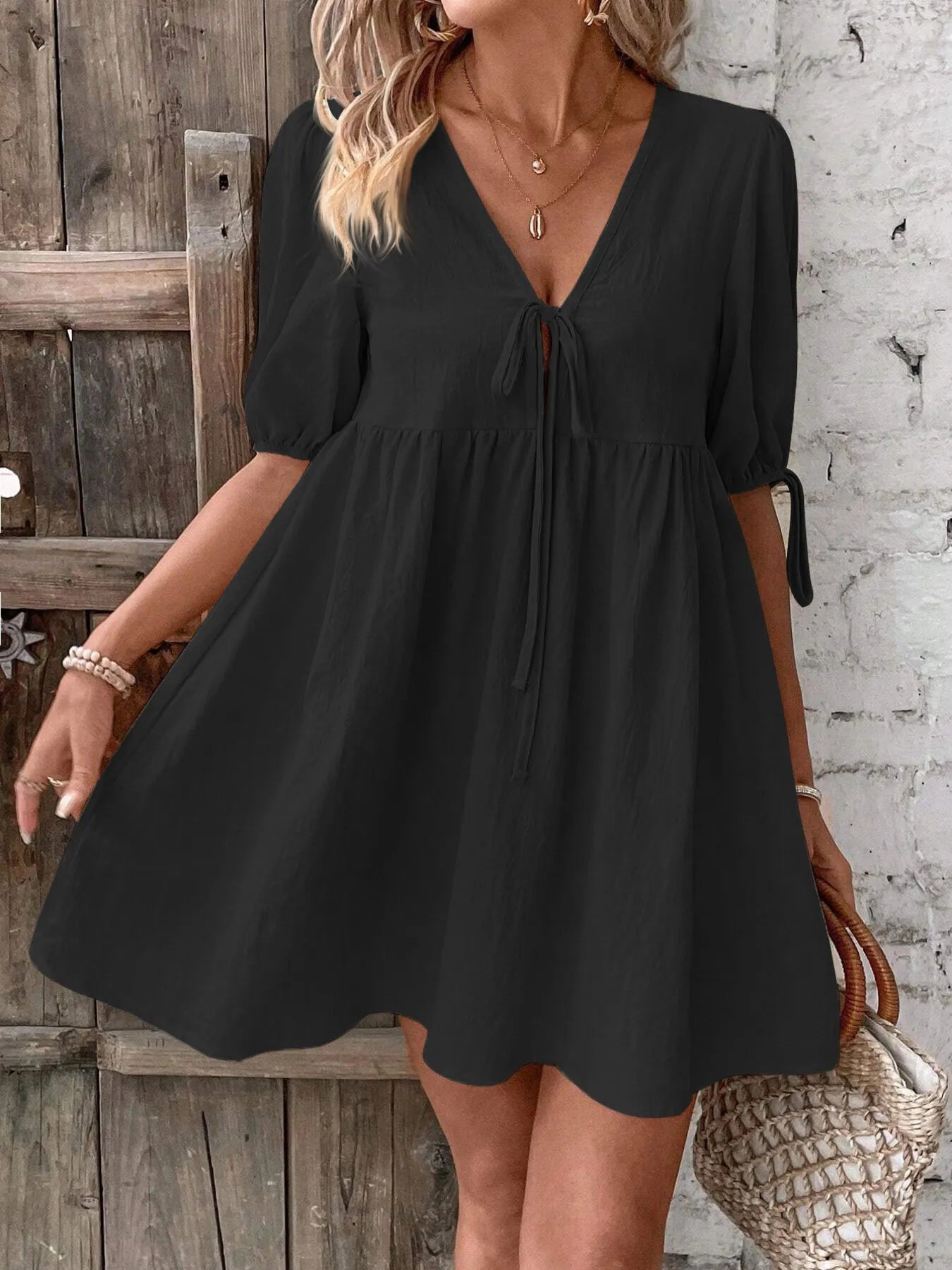 V-Neck Tie-Front Mini Dress with Puff Sleeves - Atelievuè