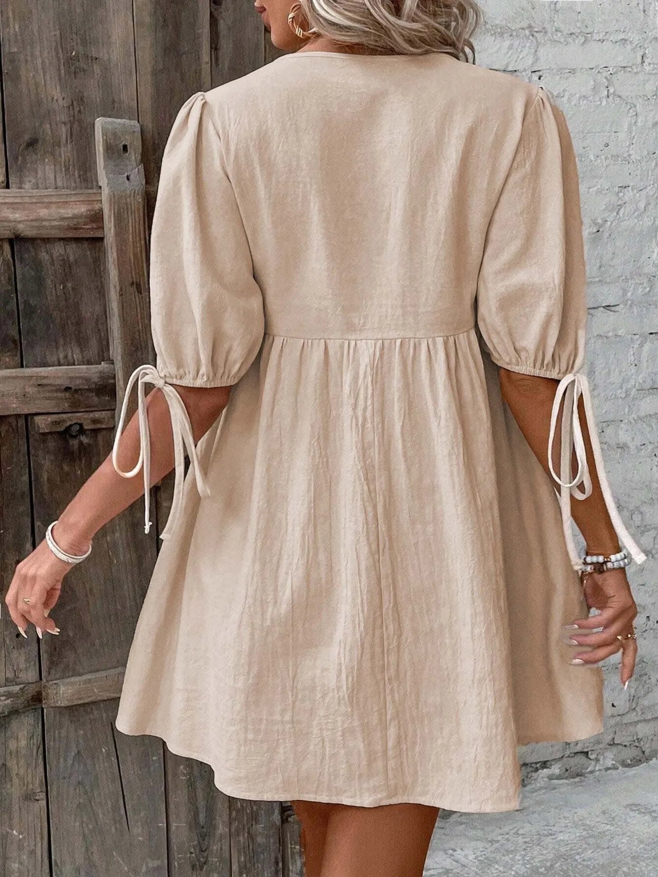 V-Neck Tie-Front Mini Dress with Puff Sleeves - Atelievuè