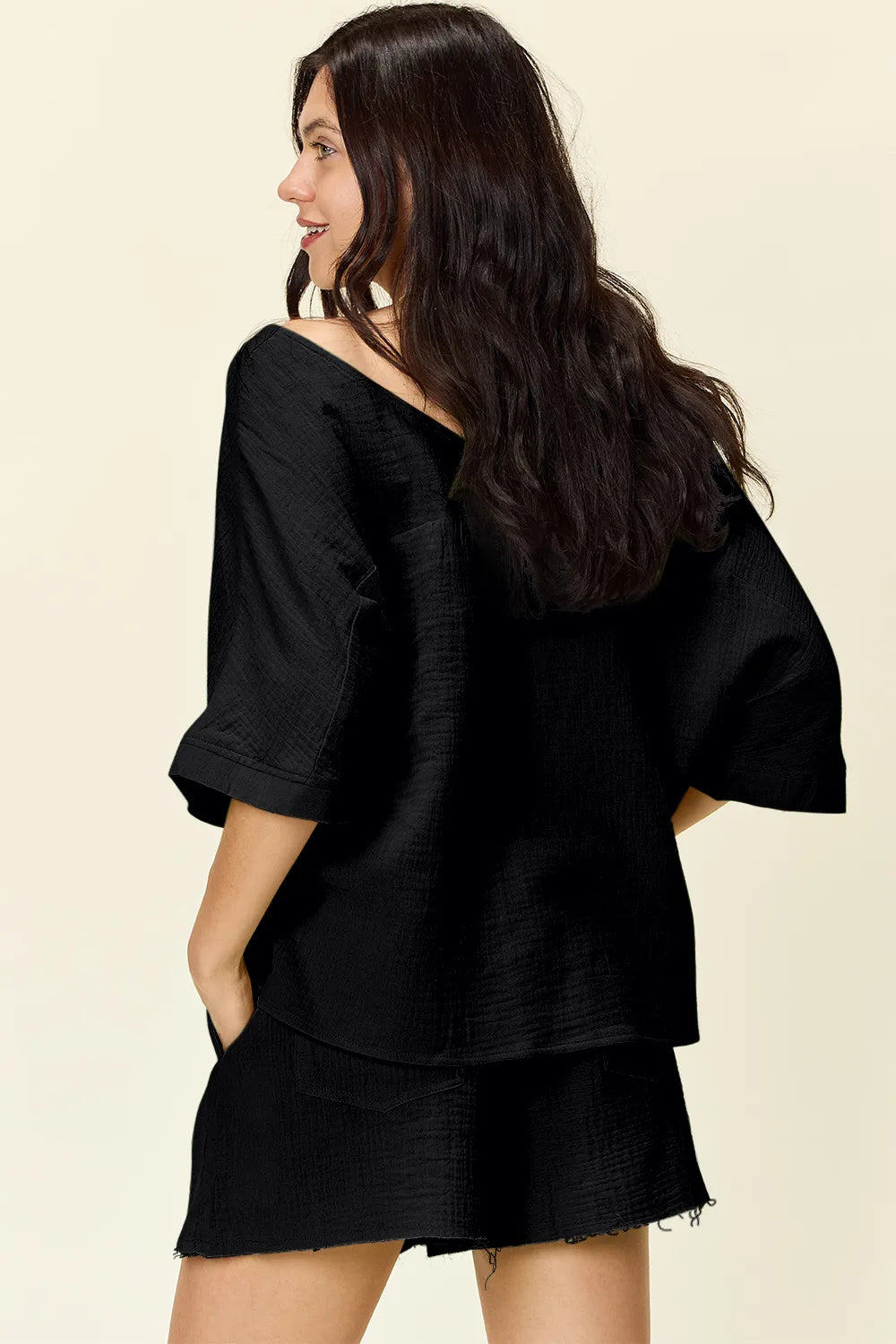 Double Take Texture Half Sleeve T-Shirt and Drawstring Shorts Set - Atelievuè