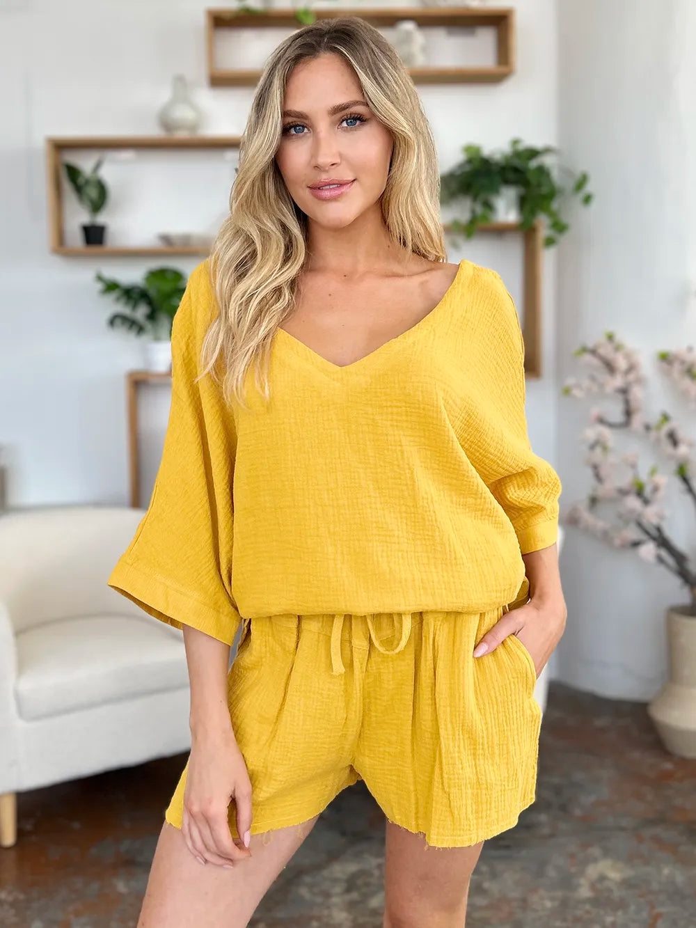 Double Take Texture Half Sleeve T-Shirt and Drawstring Shorts Set - Atelievuè