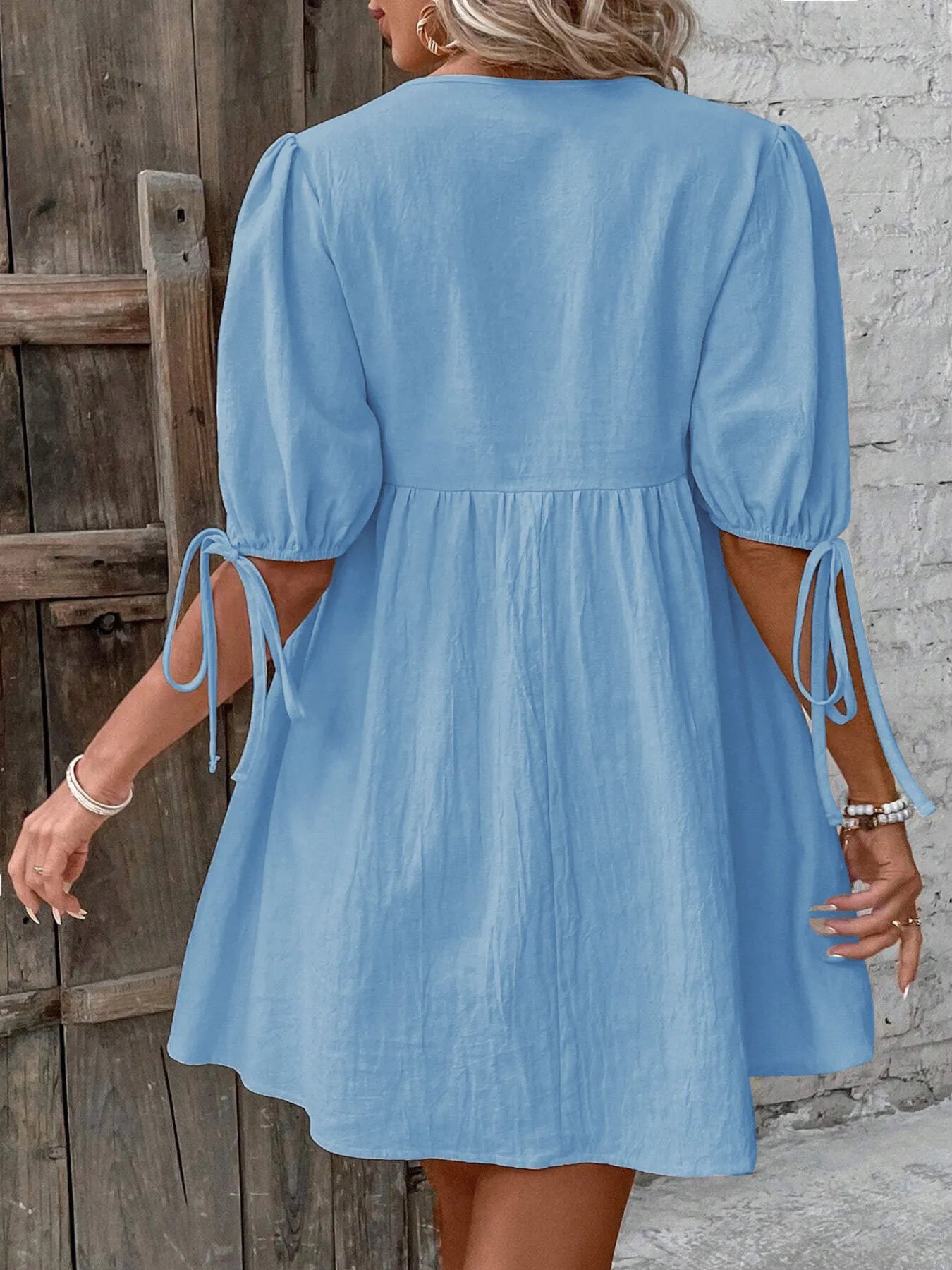 V-Neck Tie-Front Mini Dress with Puff Sleeves - Atelievuè