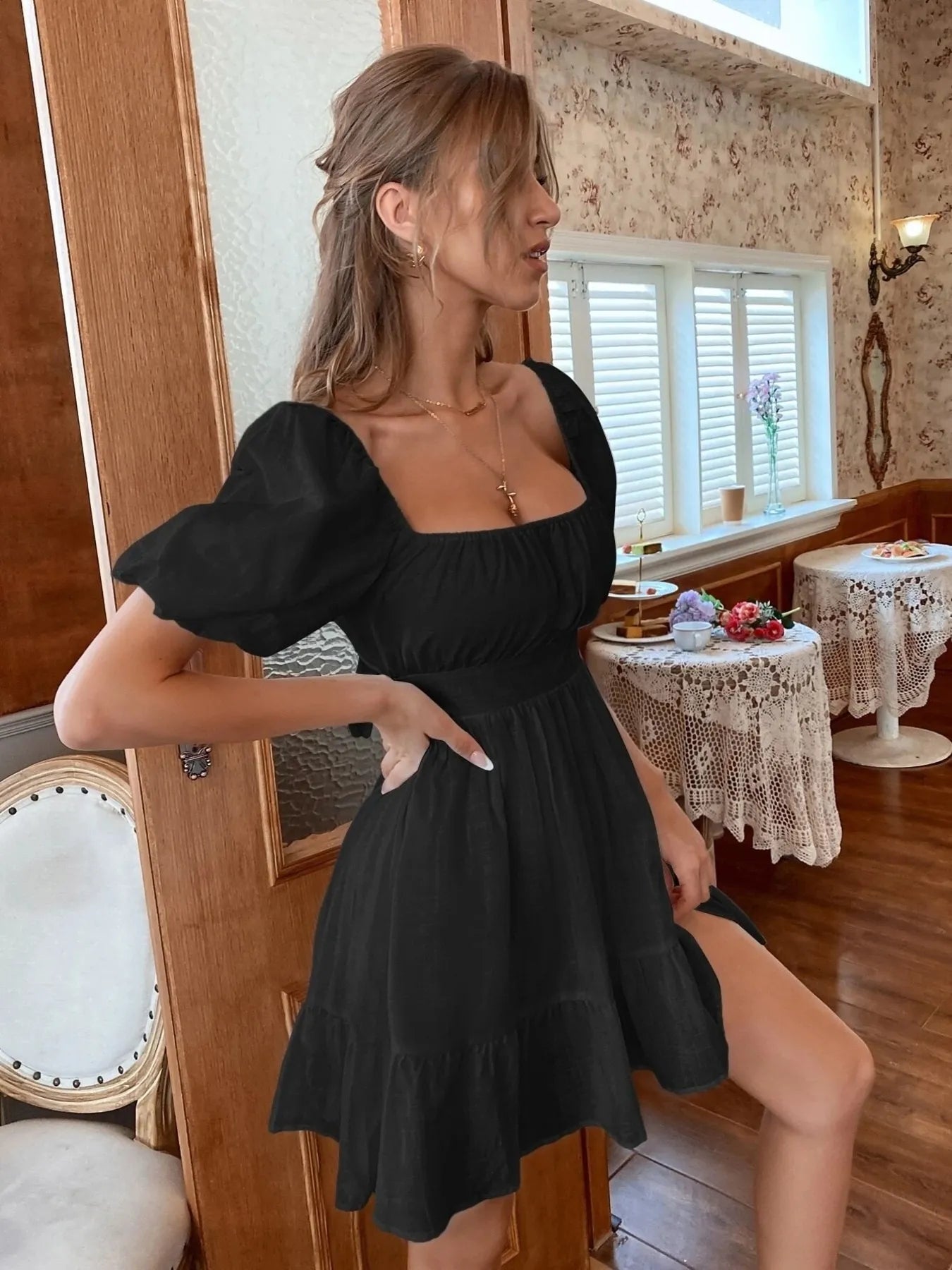 Square Neck Puff Sleeve Mini Dress - Atelievuè