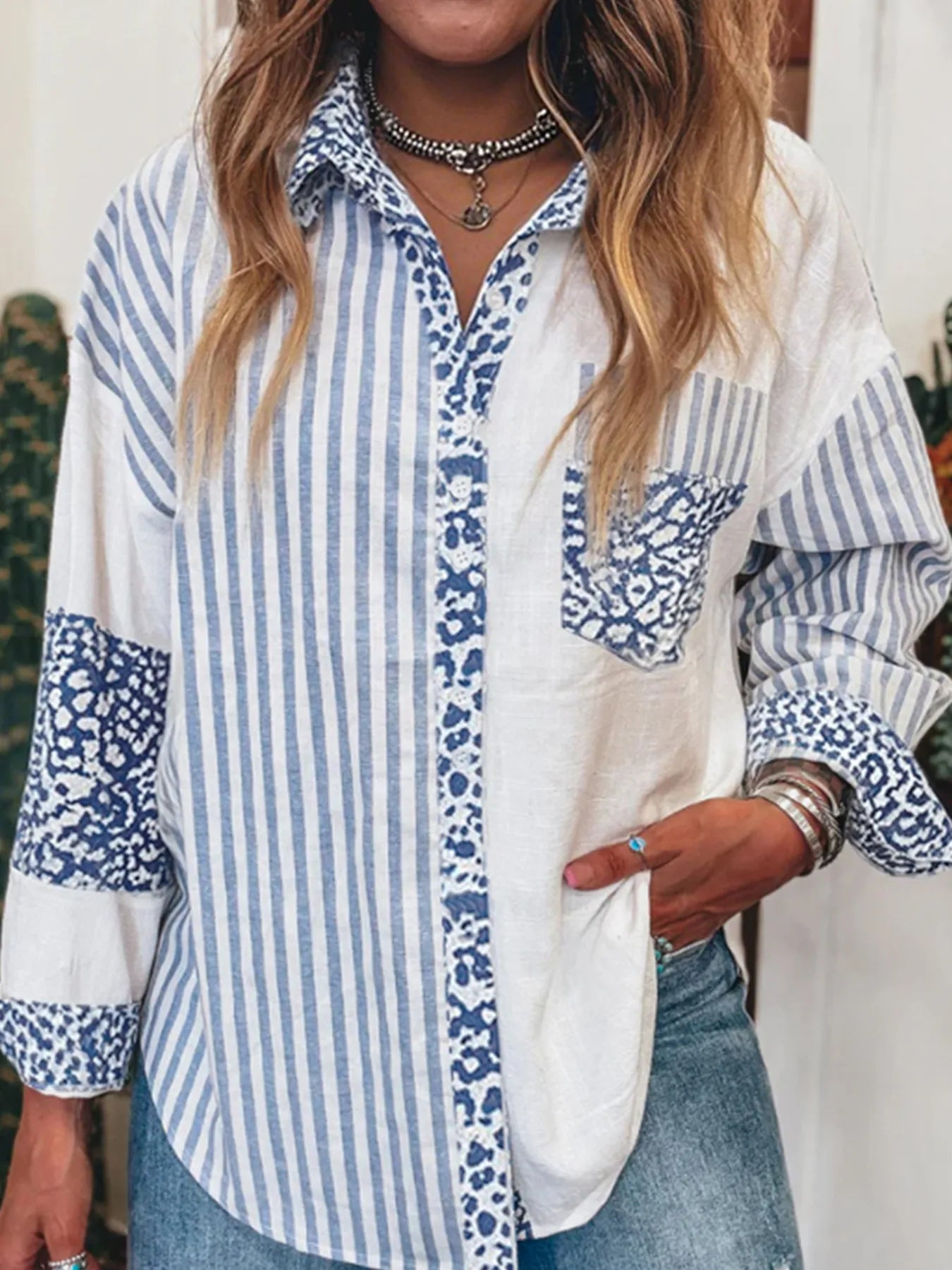 Striped Patchwork Button Down Shirt with Leopard Print Details - Atelievuè