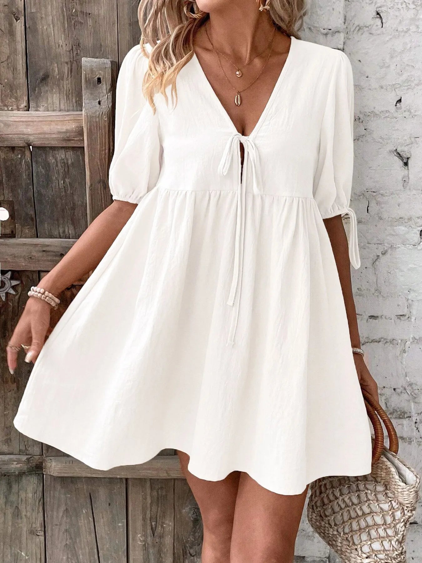 V-Neck Tie-Front Mini Dress with Puff Sleeves - Atelievuè