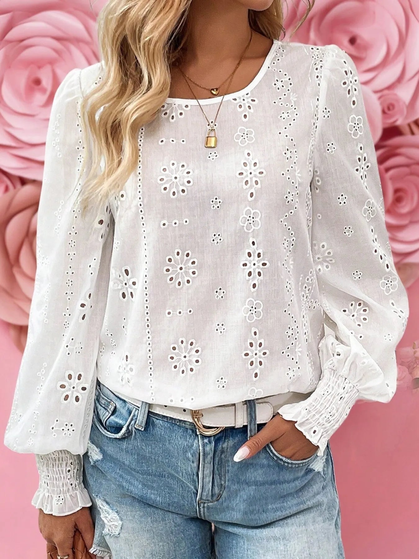 Eyelet Long Sleeve Blouse with Elastic Cuffs - Atelievuè