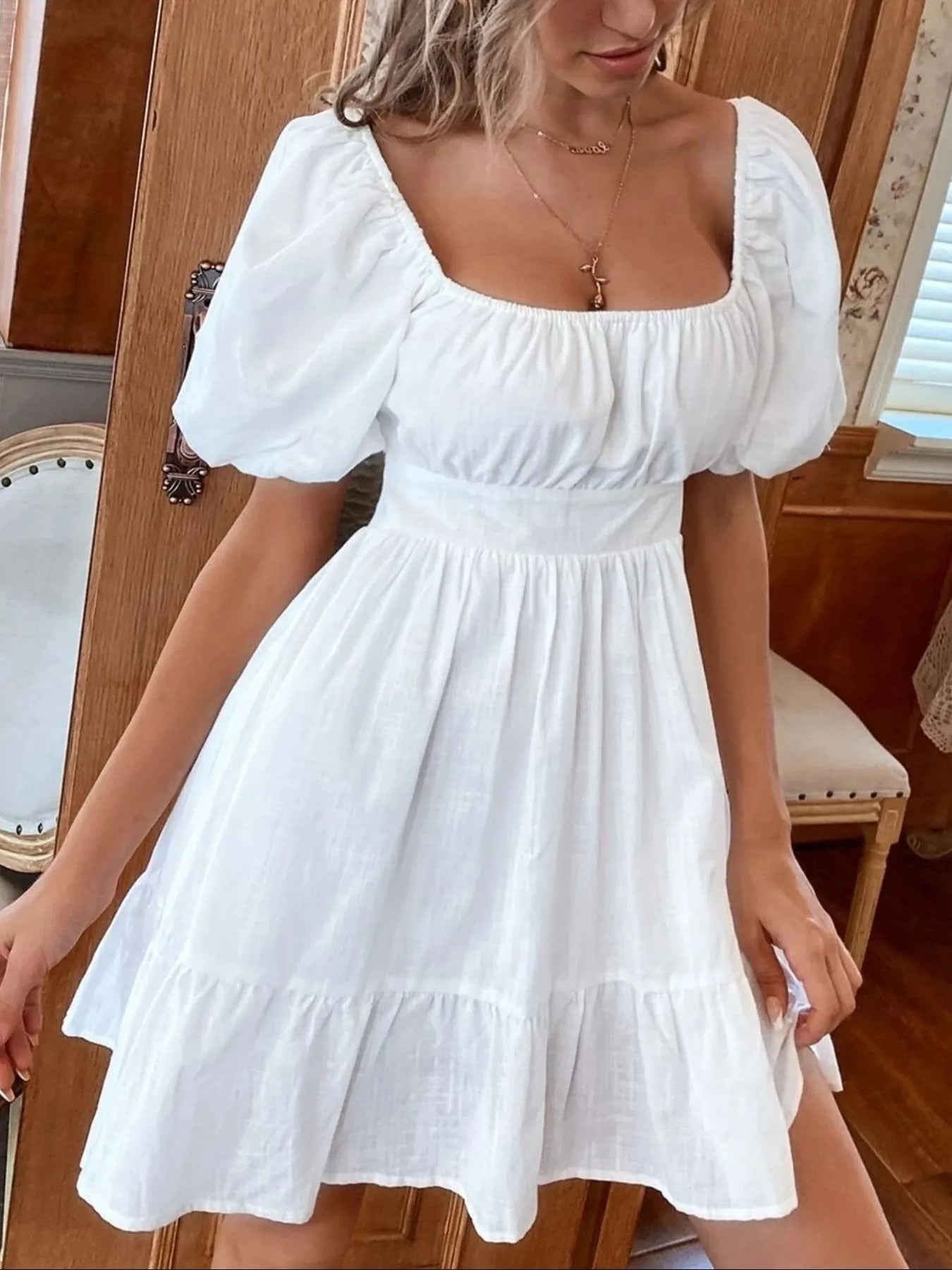 Square Neck Puff Sleeve Mini Dress - Atelievuè