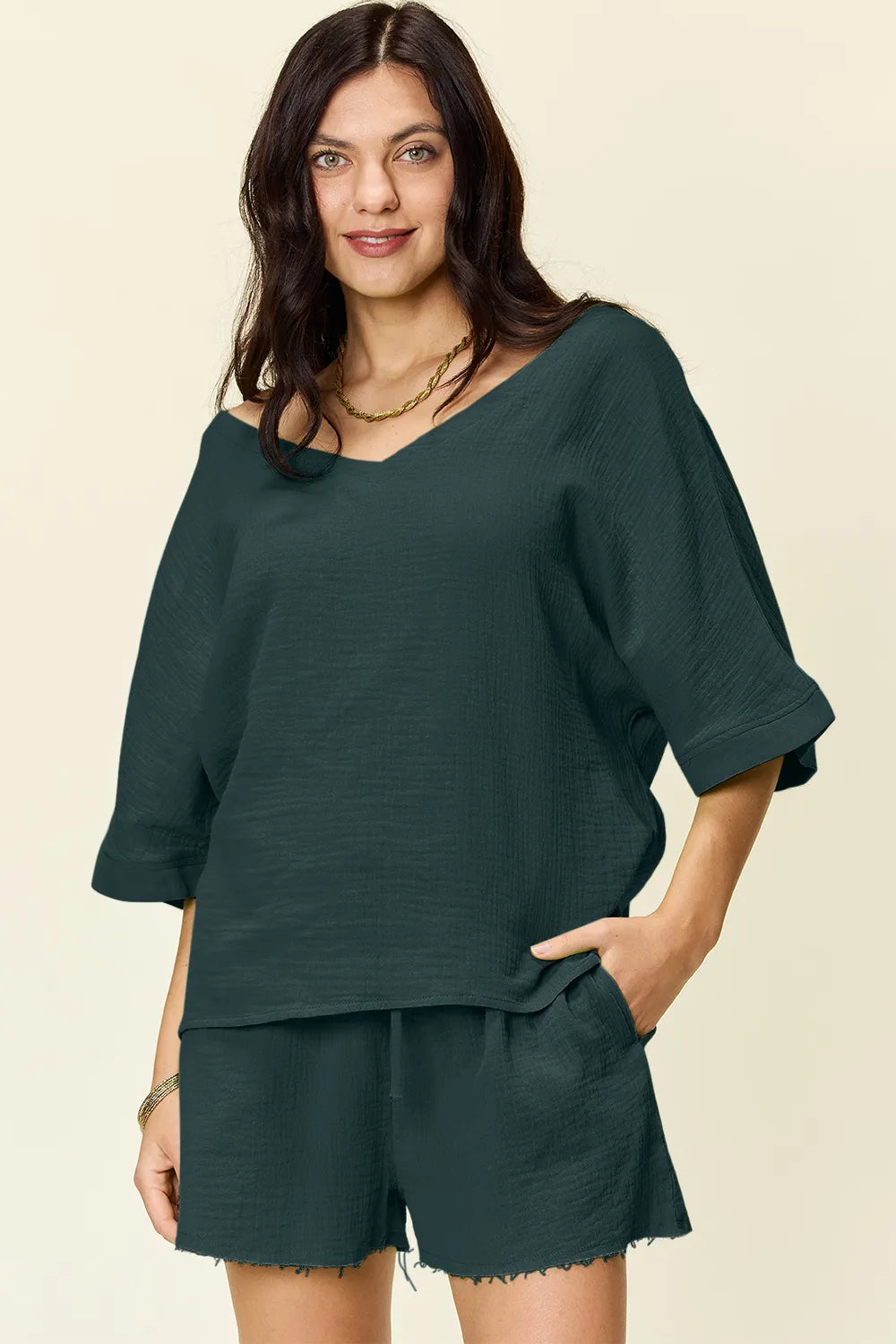 Double Take Texture Half Sleeve T-Shirt and Drawstring Shorts Set - Atelievuè