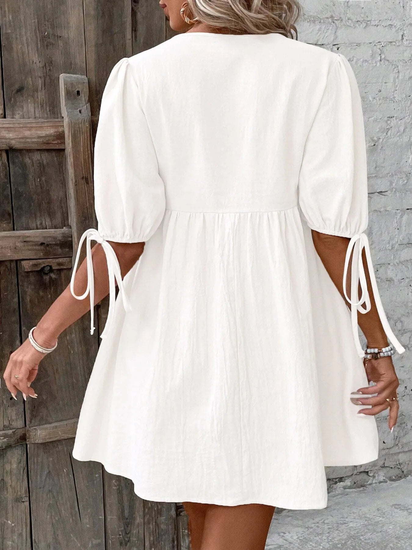V-Neck Tie-Front Mini Dress with Puff Sleeves - Atelievuè