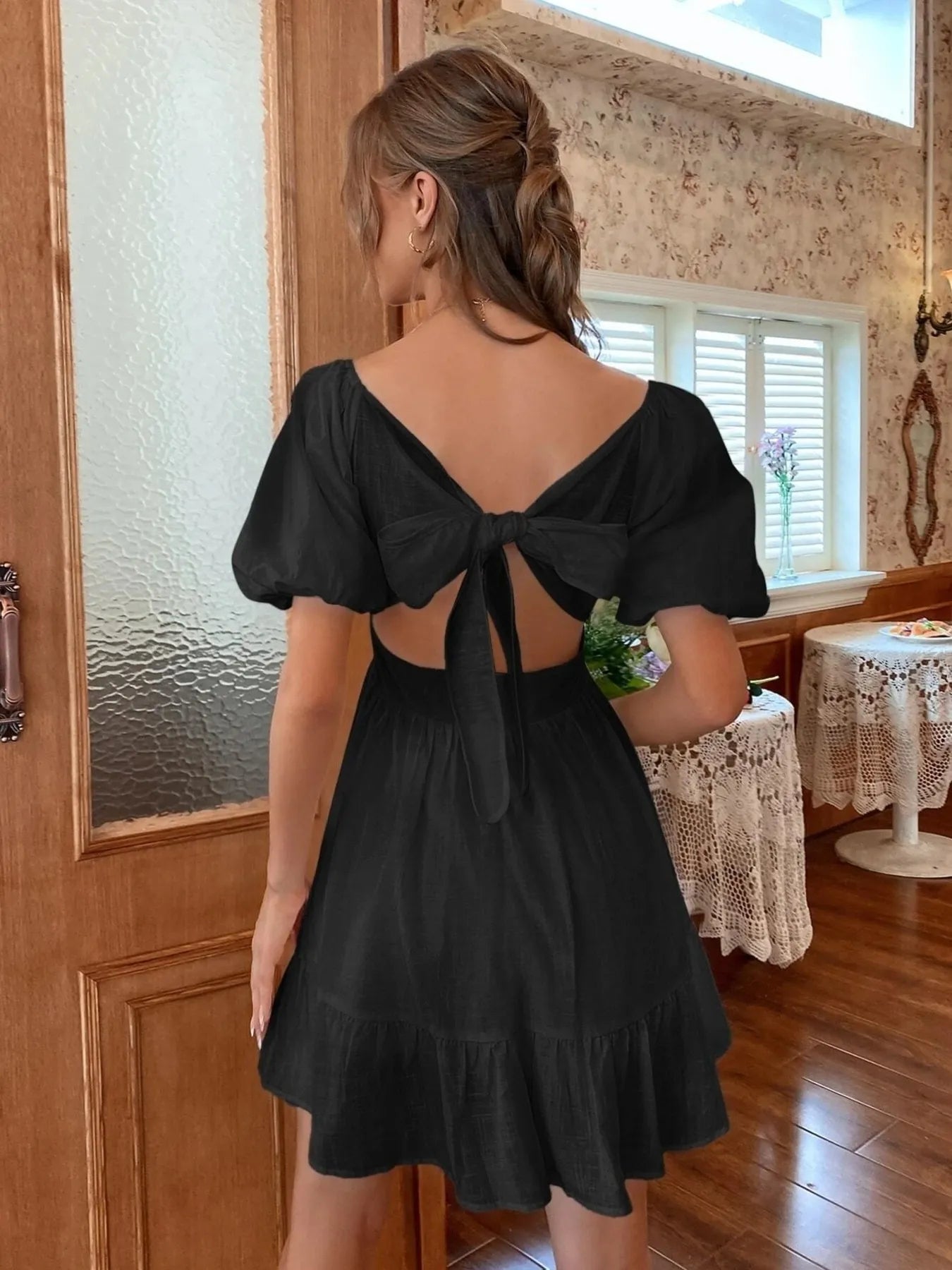 Square Neck Puff Sleeve Mini Dress - Atelievuè