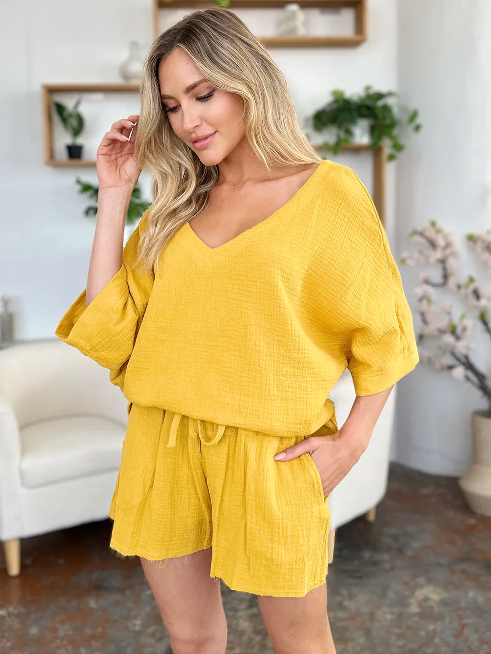 Double Take Texture Half Sleeve T-Shirt and Drawstring Shorts Set - Atelievuè