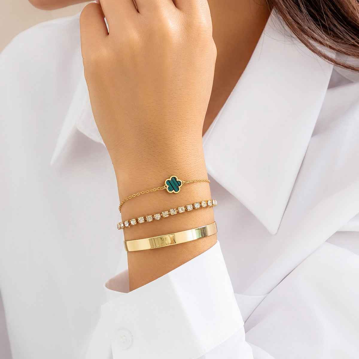 Hip-Hop Punk Rhinestone Chain Clover Bracelet