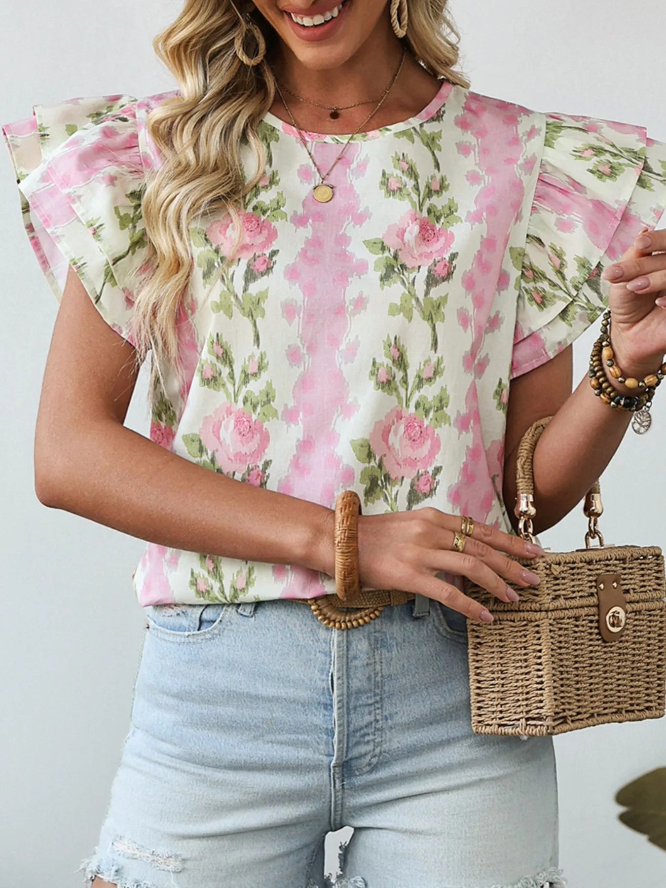 Floral Print Ruffled Sleeve Blouse - Atelievuè