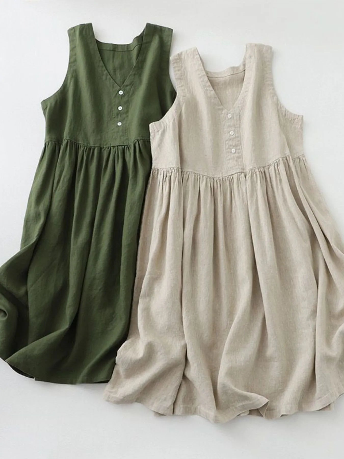 V-Neck Button Detail Sleeveless Midi Dress - Atelievuè