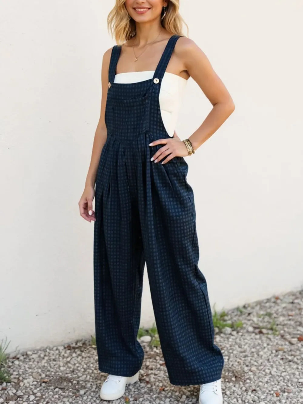 Oh Full Size Plaid Wide Leg Overalls with Pockets - Atelievuè